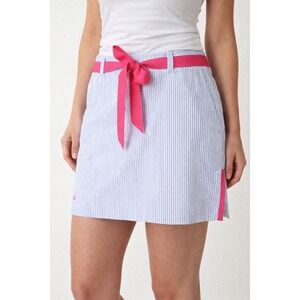 Lilly Pulitzer Blue White Seersucker Skort Pink Belt Palm Tree Preppy Size 6